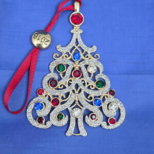 2016 Liz Claiborne Christmas Gold Tone Tree Ornament Crystal‎ Rhinestone Decor